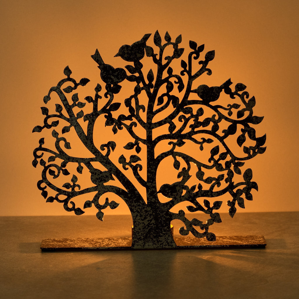 Candleholder tree cutout iron 9Wx8.5H rust/silv