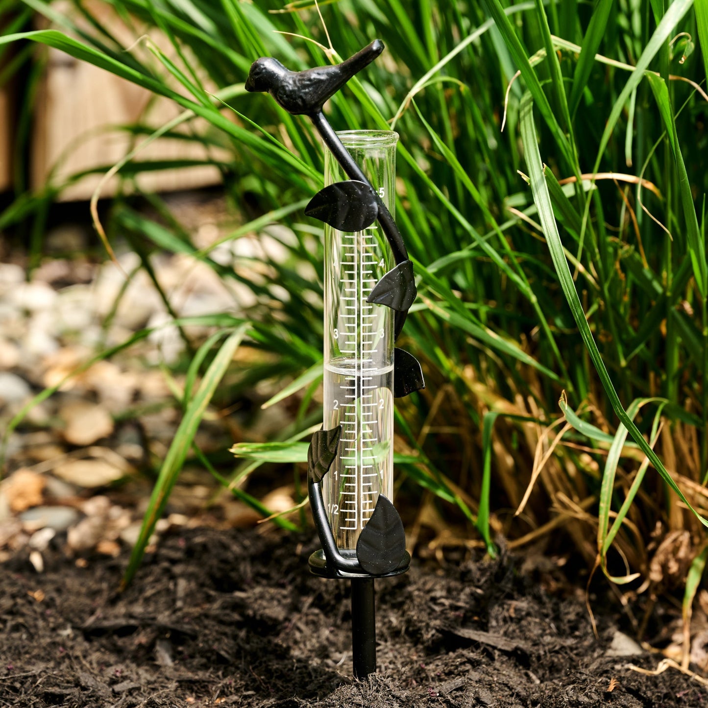 Rain gauge bird/leaf spiral iron/glss 1.5Dx11H blk