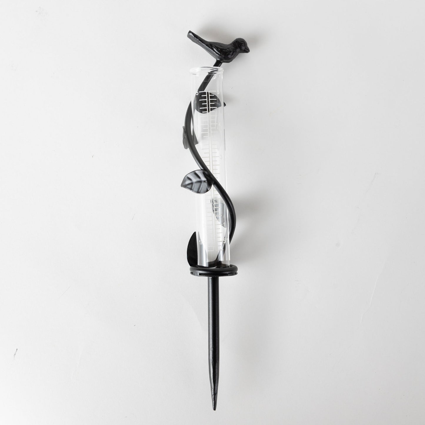 Rain gauge bird/leaf spiral iron/glss 1.5Dx11H blk