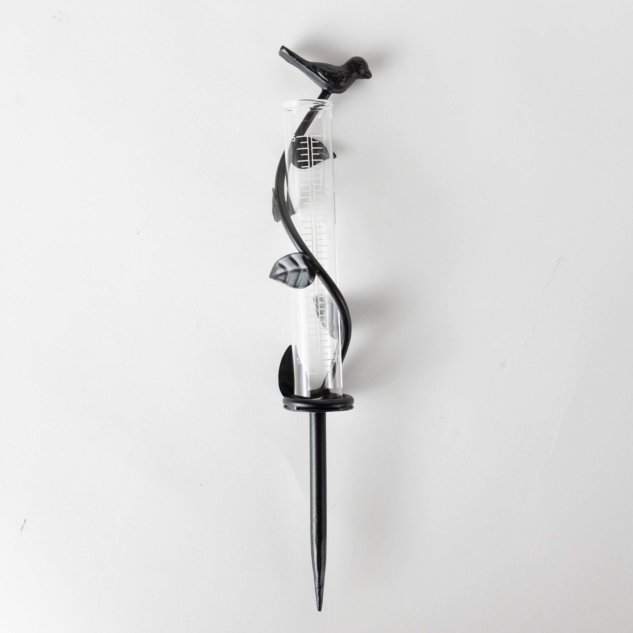 Rain gauge bird/leaf spiral iron/glss 1.5Dx11H blk