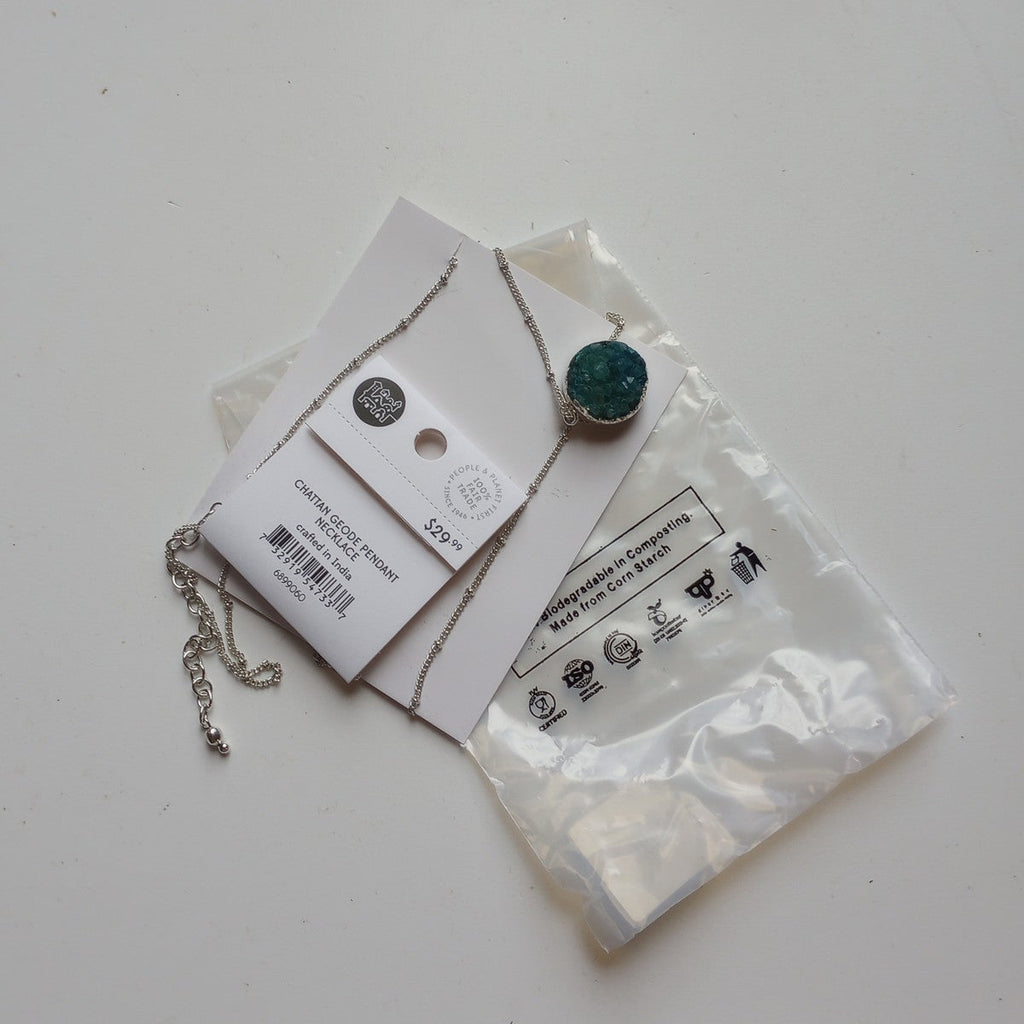 Necklace rnd geode pend druzy stn/br 23L silv/blue
