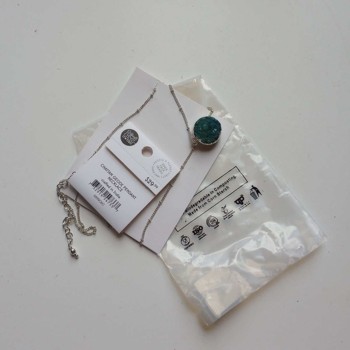 Necklace rnd geode pend druzy stn/br 23L silv/blue