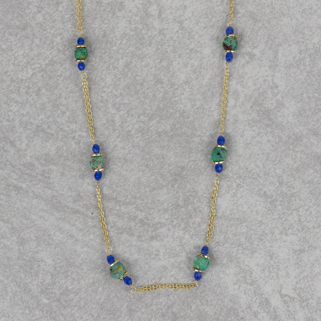 Necklacelong bead br/sari/glss 43L br/grn/blu