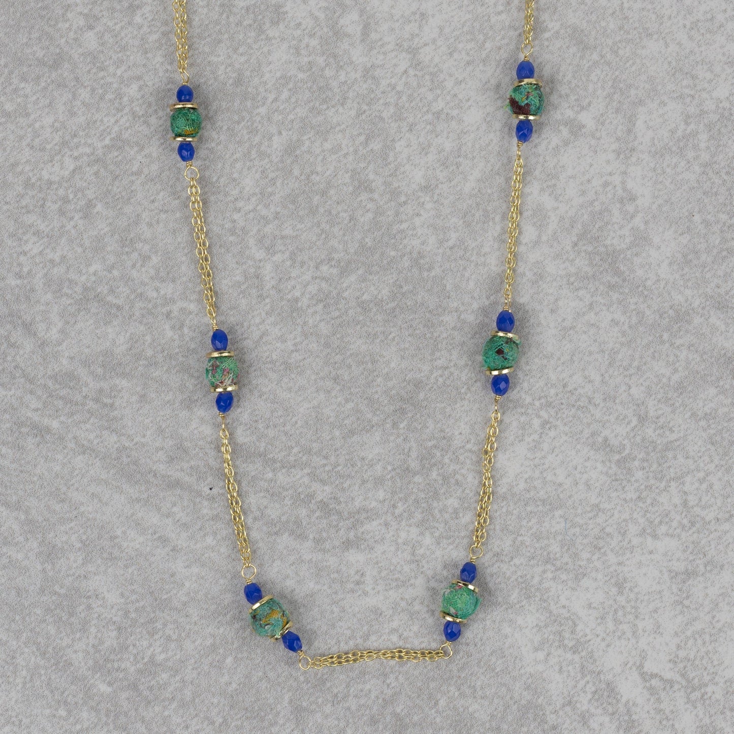 Necklacelong bead br/sari/glss 43L br/grn/blu