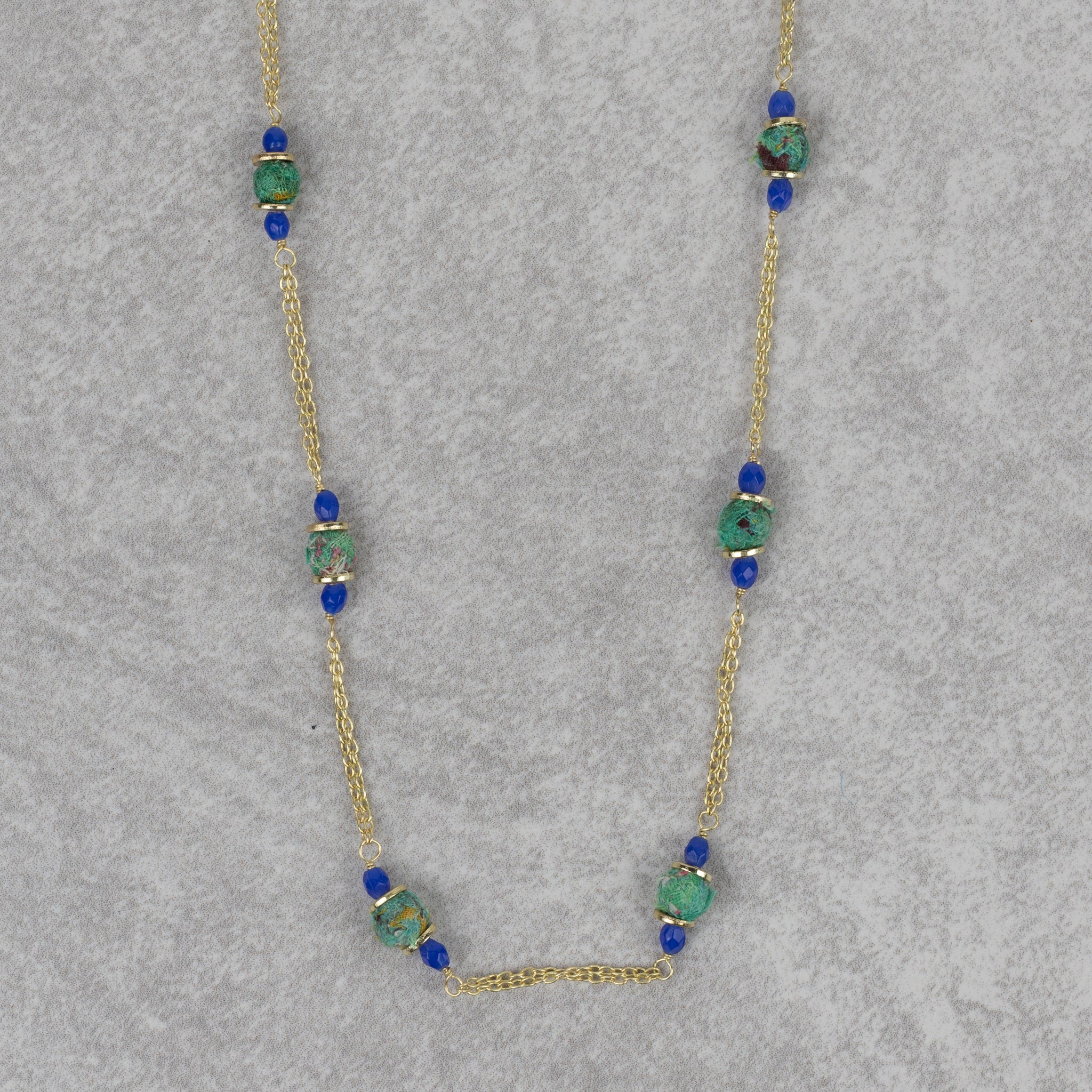 Necklacelong bead br/sari/glss 43L br/grn/blu