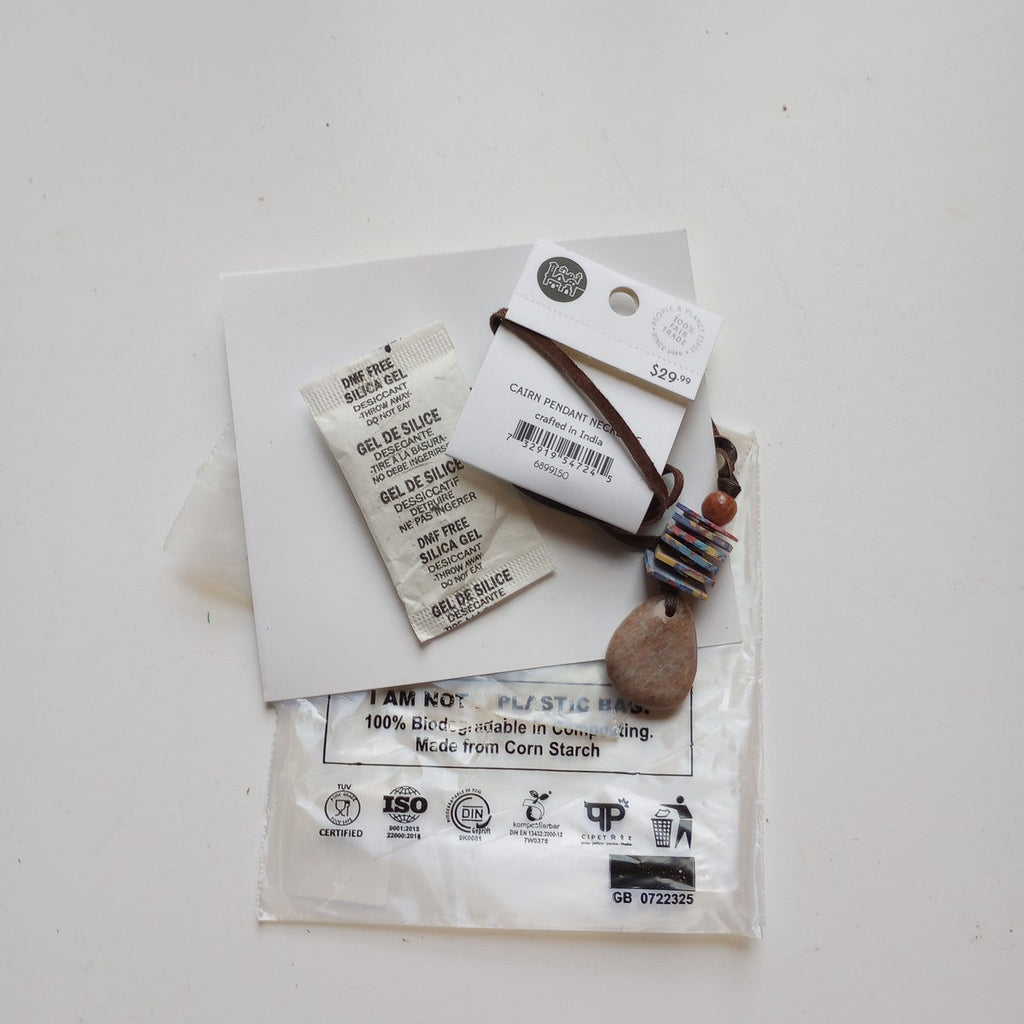Necklace pend chips clay/stn/lthr 27L brn/multi