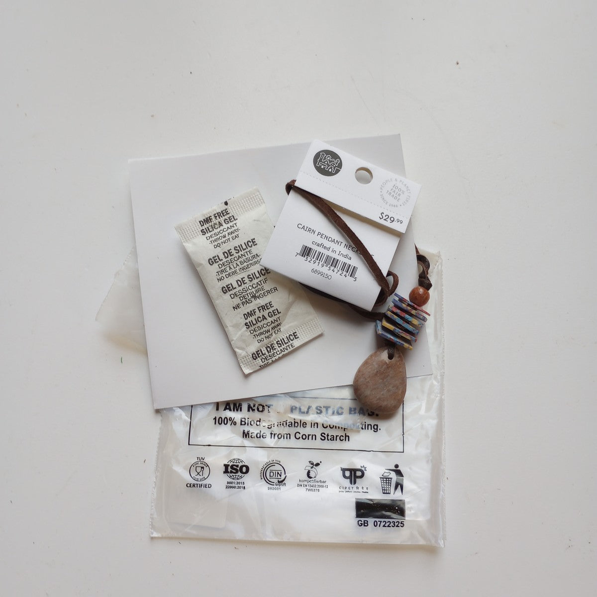 Necklace pend chips clay/stn/lthr 27L brn/multi