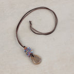 Necklace pend chips clay/stn/lthr 27L brn/multi