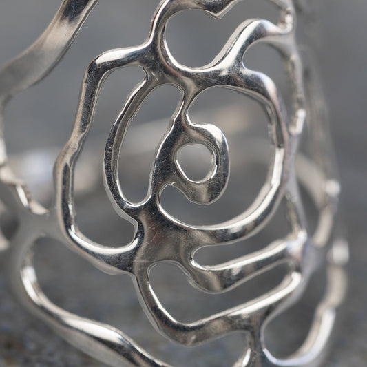 Ring cuff floral cutout brass adj silver