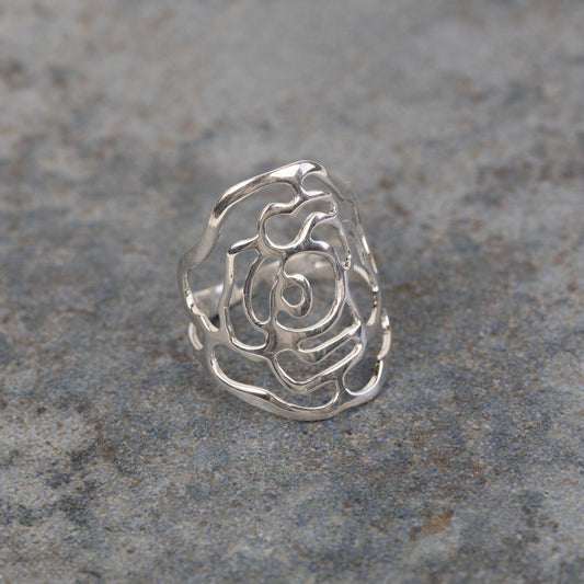 Ring cuff floral cutout brass adj silver