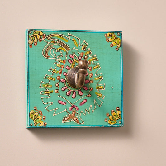 Wall hook sq leaf pntd MDF/iron 4sq teal/multi