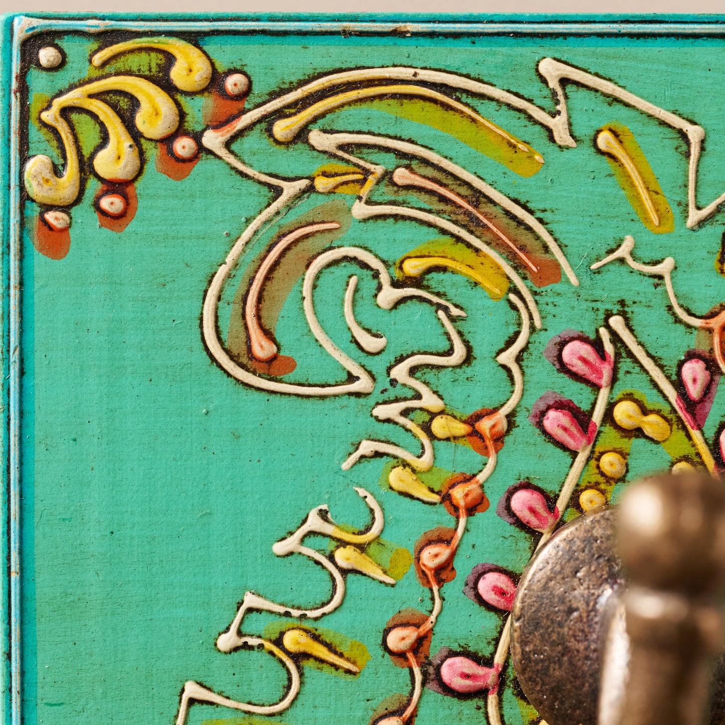 Wall hook sq leaf pntd MDF/iron 4sq teal/multi