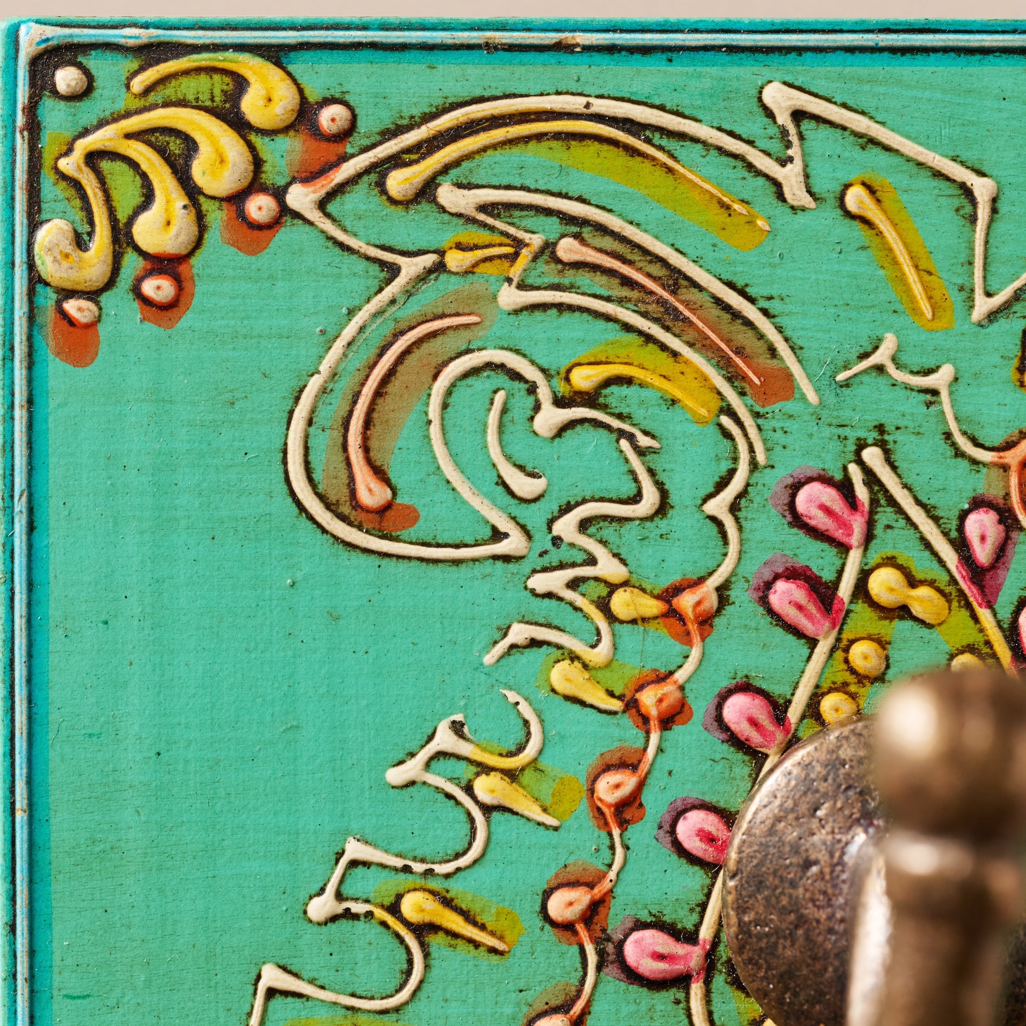 Wall hook sq leaf pntd MDF/iron 4sq teal/multi