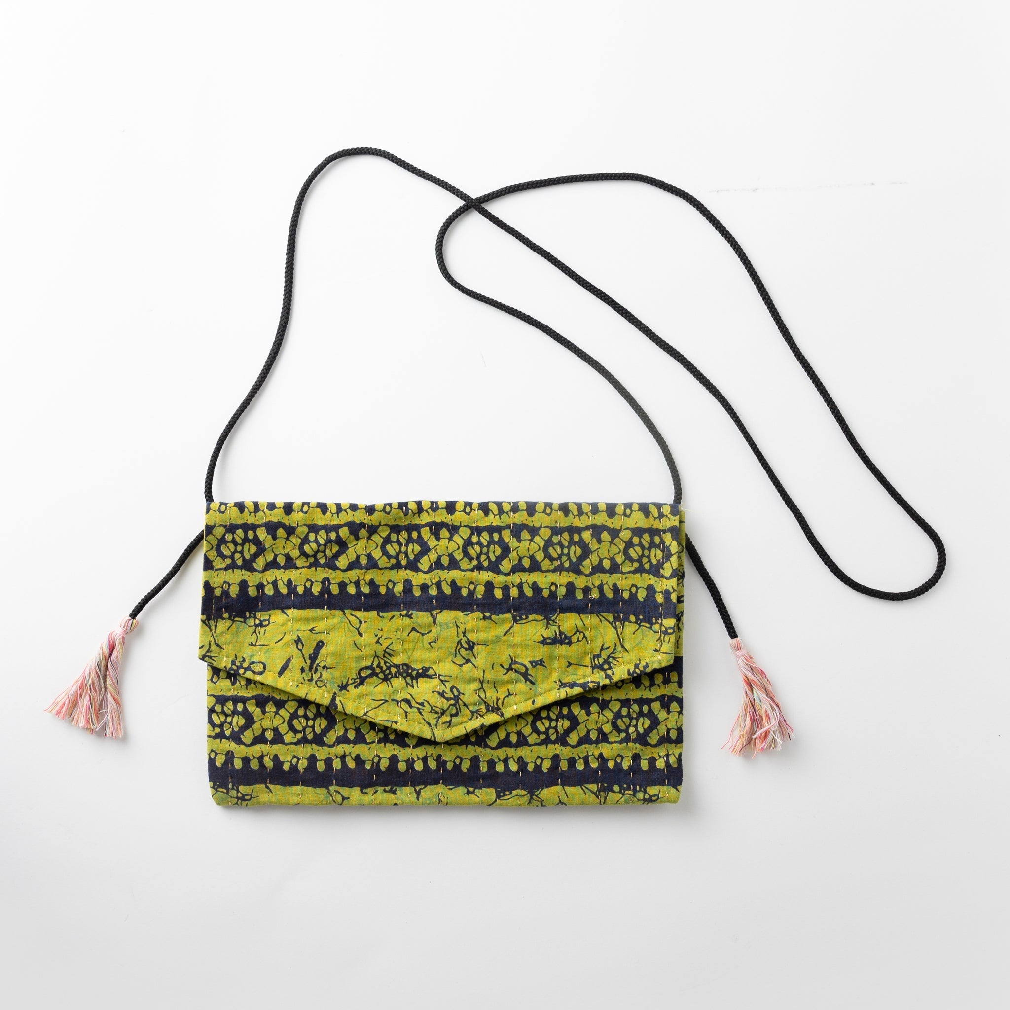 Bag baitk kantha stitch cotton 10Wx6.5H green/blk