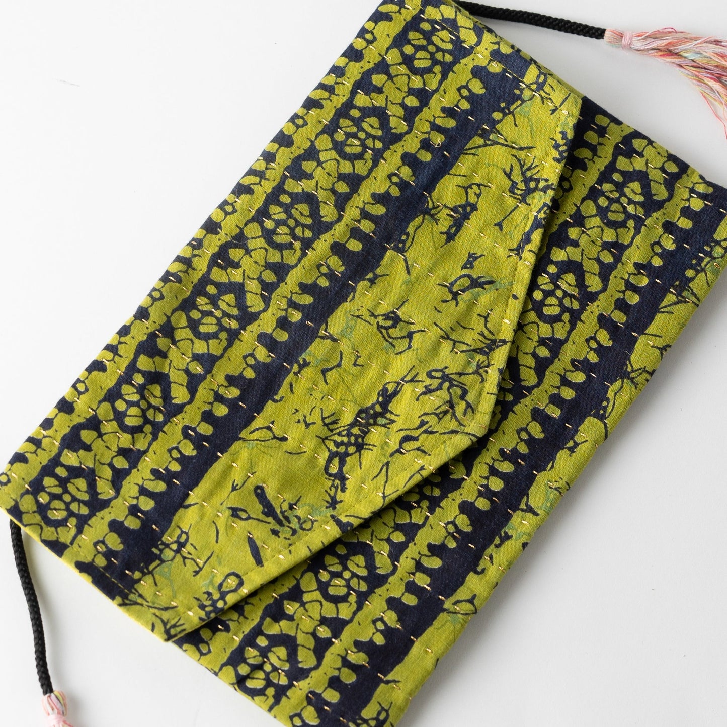 Bag baitk kantha stitch cotton 10Wx6.5H green/blk