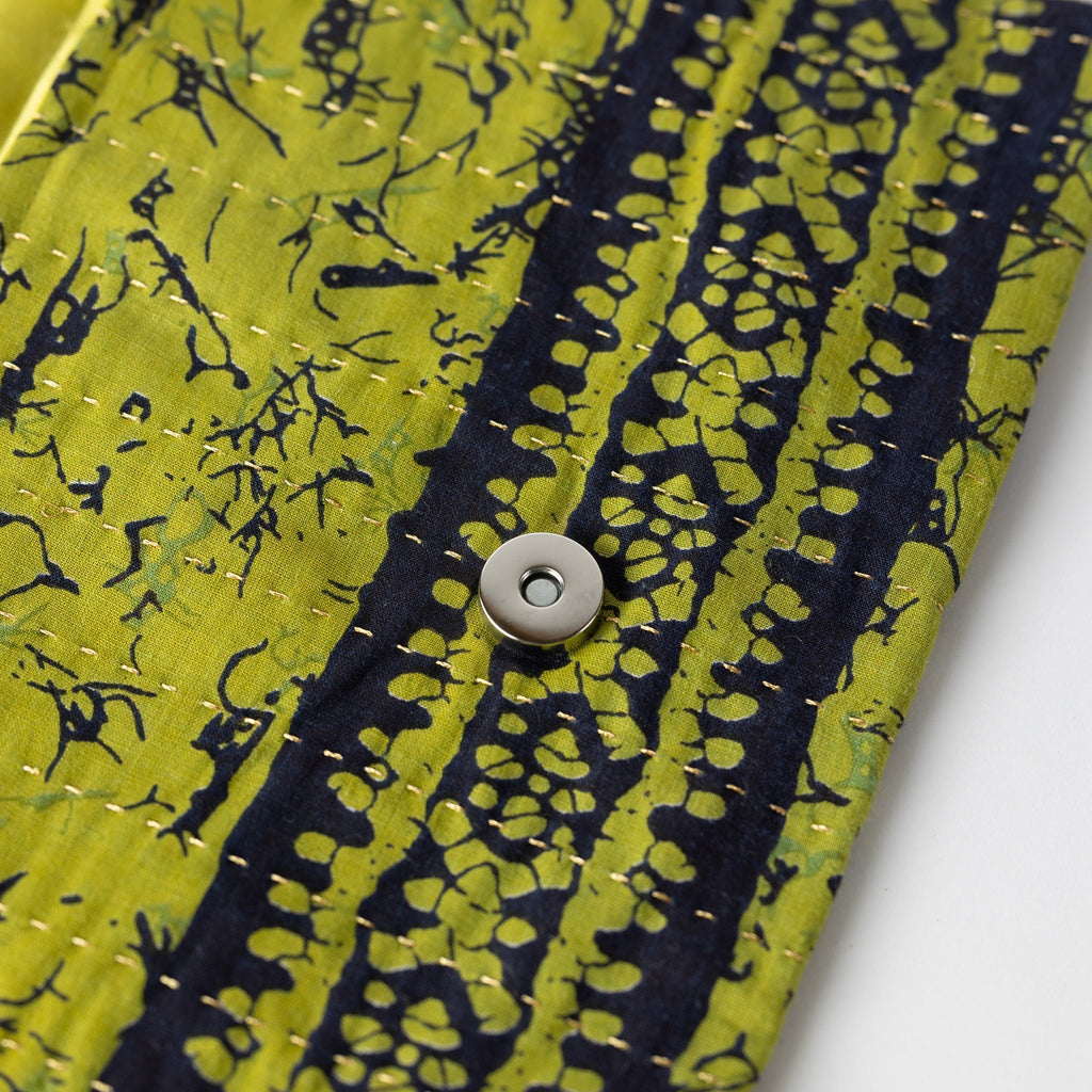 Bag baitk kantha stitch cotton 10Wx6.5H green/blk