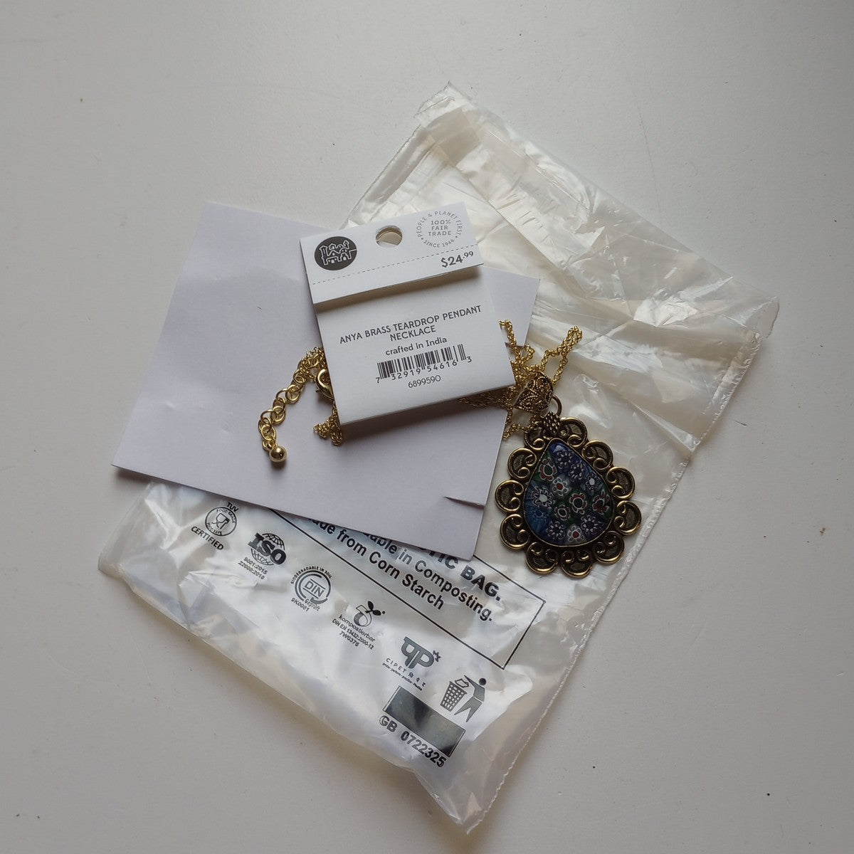 Necklace flrl pend pear brss/glss 20L br/blu/grn