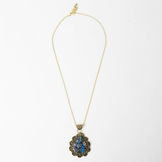 Necklace flrl pend pear brss/glss 20L br/blu/grn