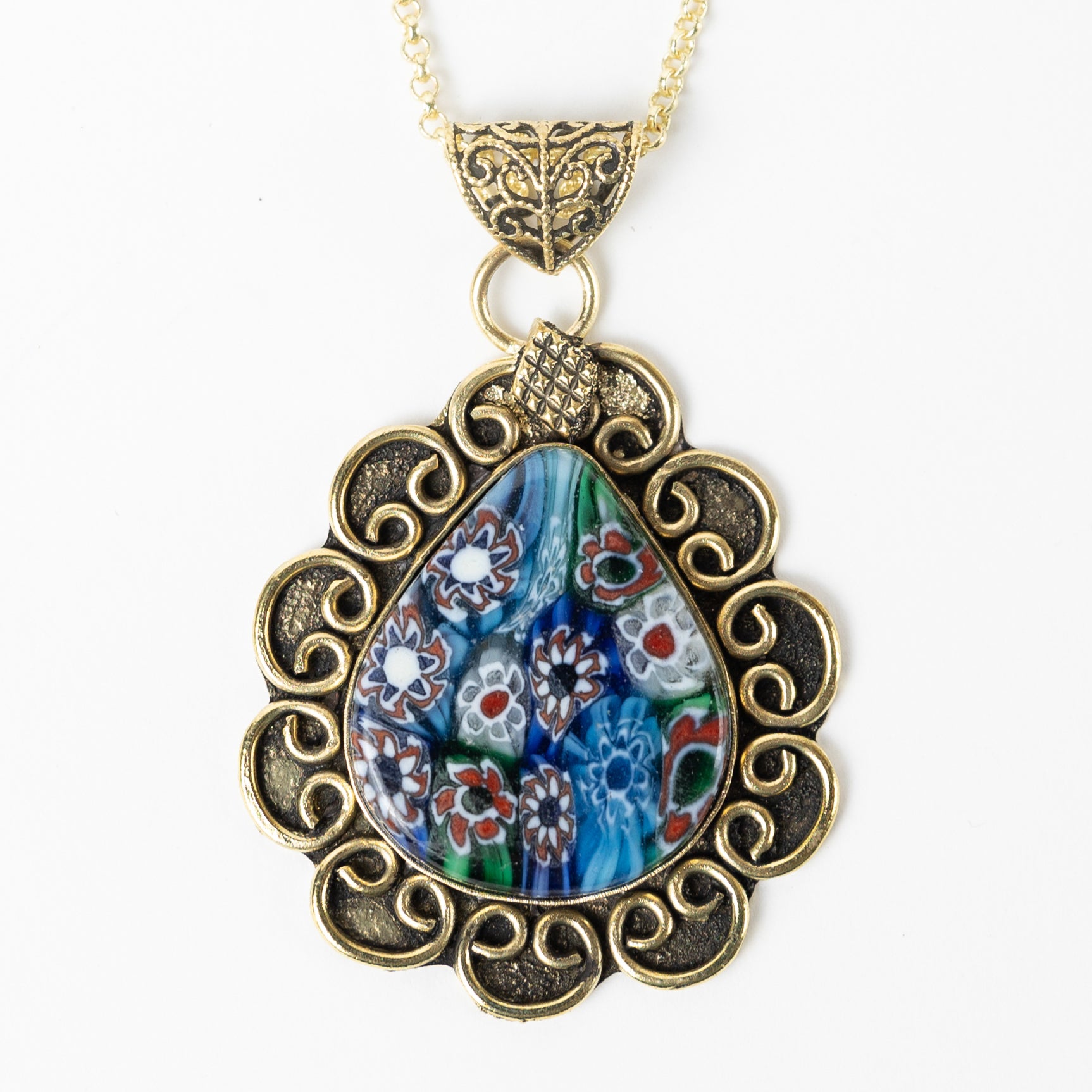 Necklace flrl pend pear brss/glss 20L br/blu/grn