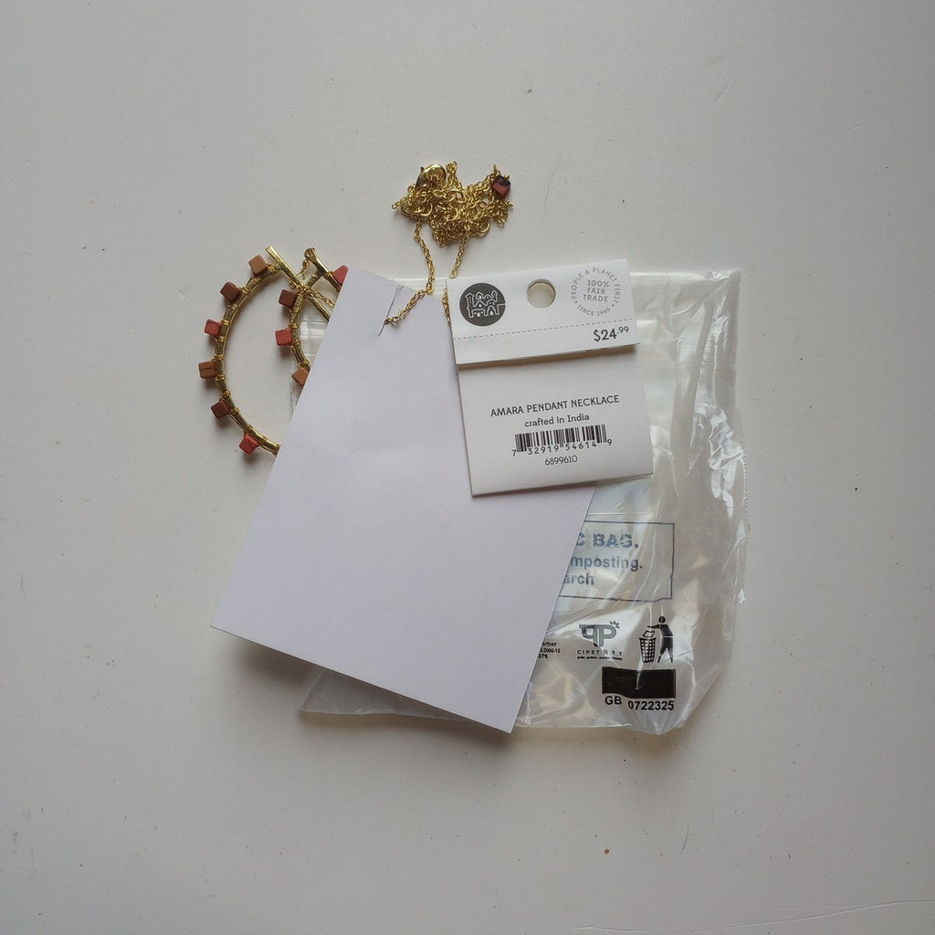 Necklace half crcl pend br/clay 26L br/orng/tan