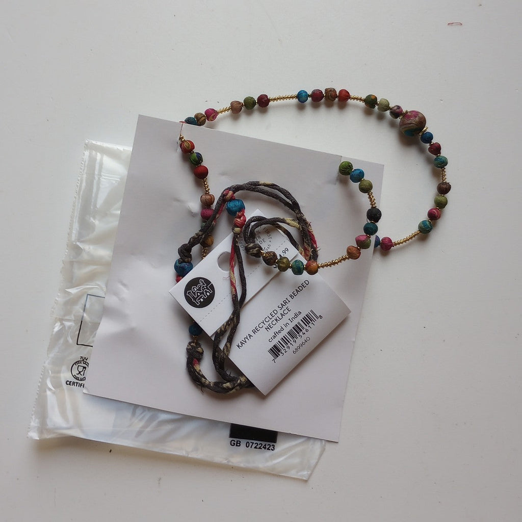 Necklace bead recyc sari/brss 30L adj brss/rd/blu