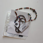 Necklace bead recyc sari/brss 30L adj brss/rd/blu