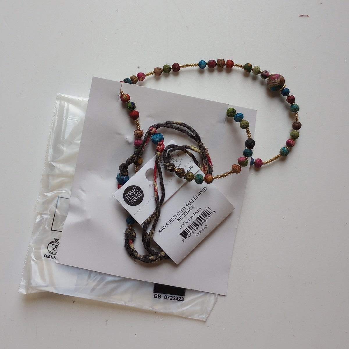 Necklace bead recyc sari/brss 30L adj brss/rd/blu