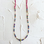 Necklace bead recyc sari/brss 30L adj brss/rd/blu