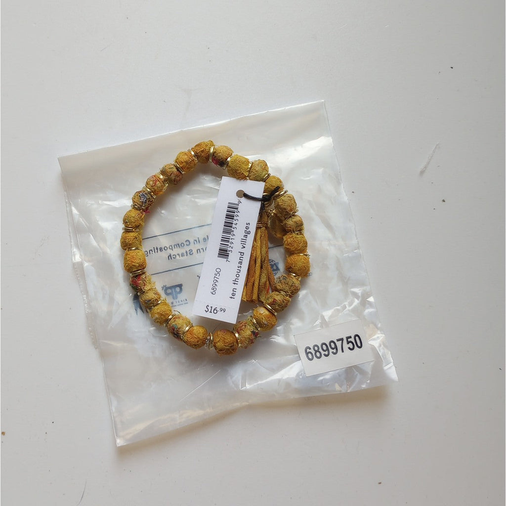 Bracelet beaded w/tassel sari/brss 2.5D yel/brss