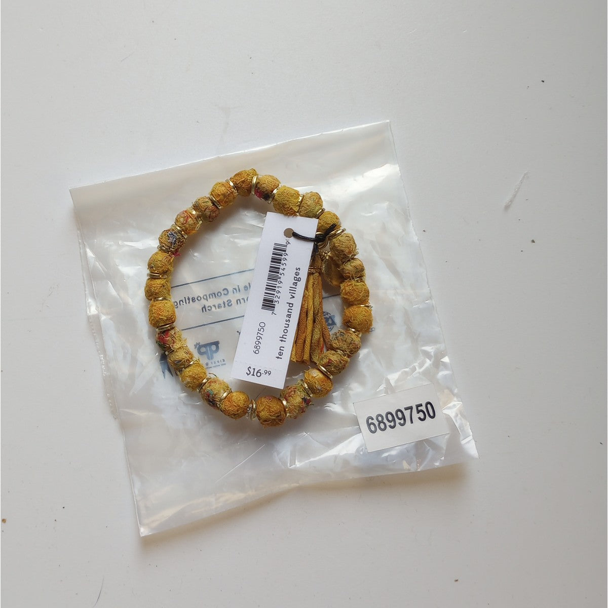 Bracelet beaded w/tassel sari/brss 2.5D yel/brss
