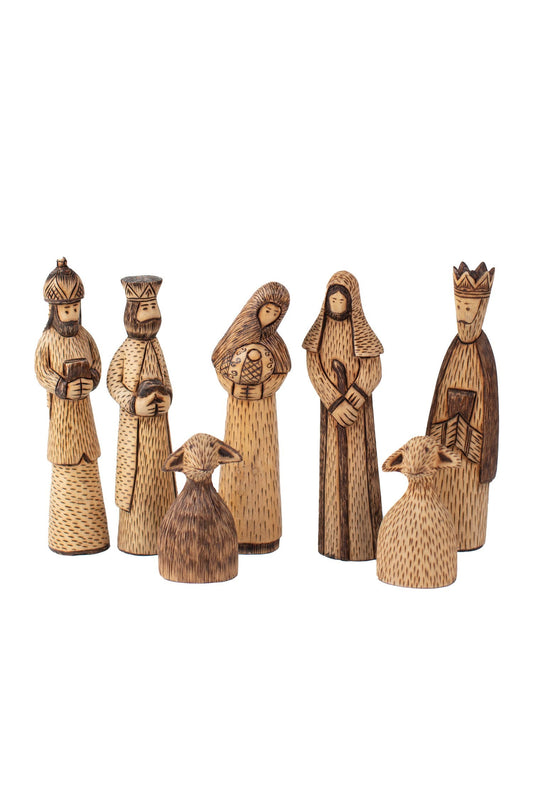Nativity w/wisemen/goats S/7 carved wood 7H brns