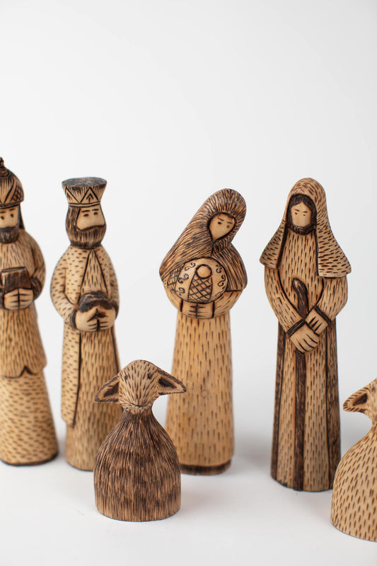 Nativity w/wisemen/goats S/7 carved wood 7H brns