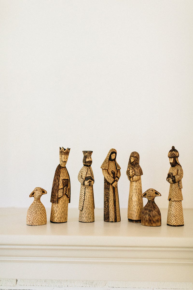 Nativity w/wisemen/goats S/7 carved wood 7H brns