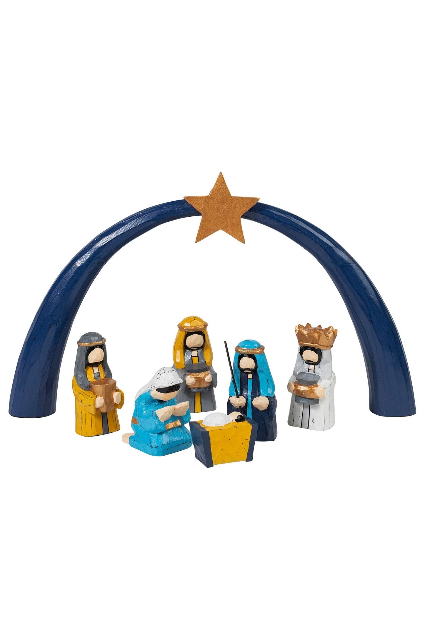 Nativity w/arch/star s/7 painted wd 8H blu/gld/wht