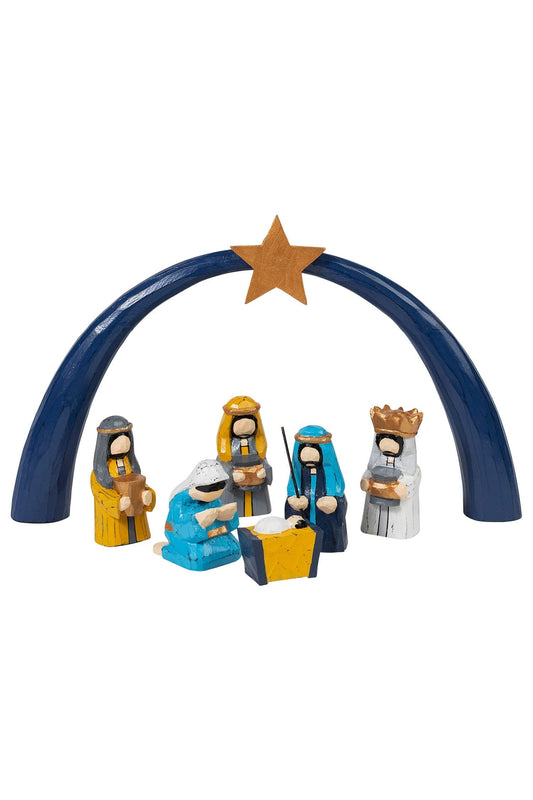 Nativity w/arch/star s/7 painted wd 8H blu/gld/wht