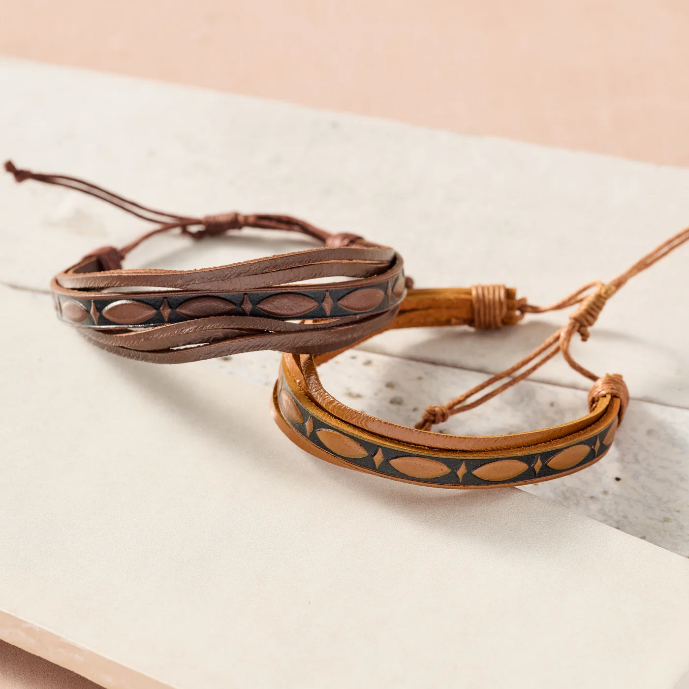 Tikat Embossed Leather Bracelets, Set of 2