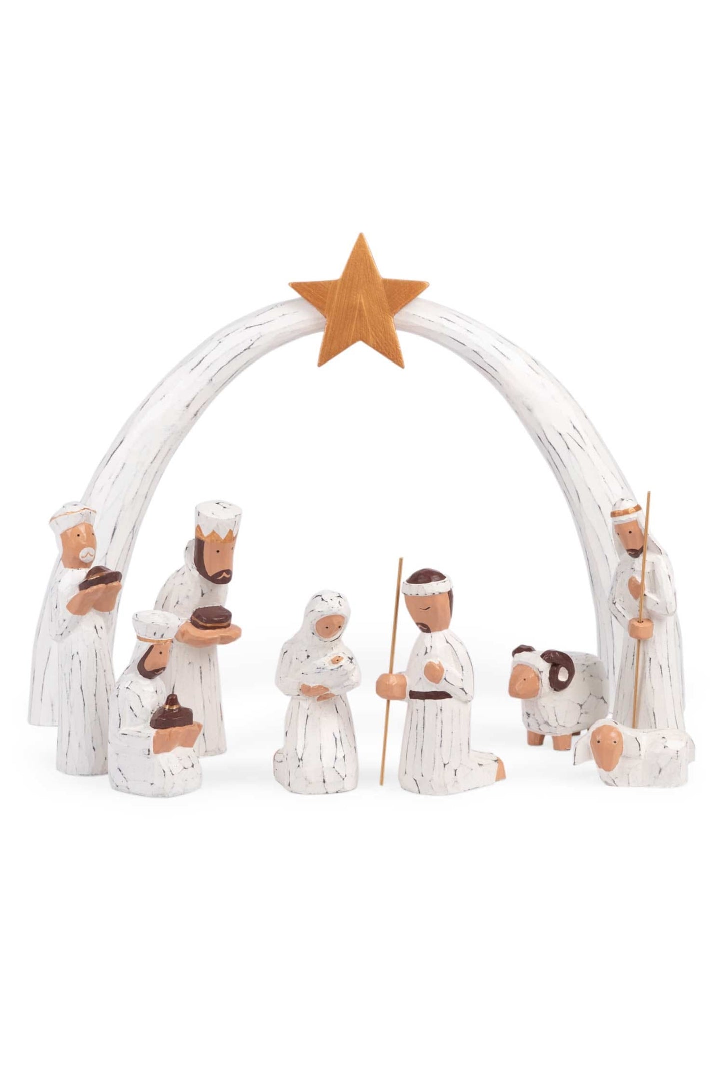 Nativity w/arch set/9 wood 10H/5H white/brown
