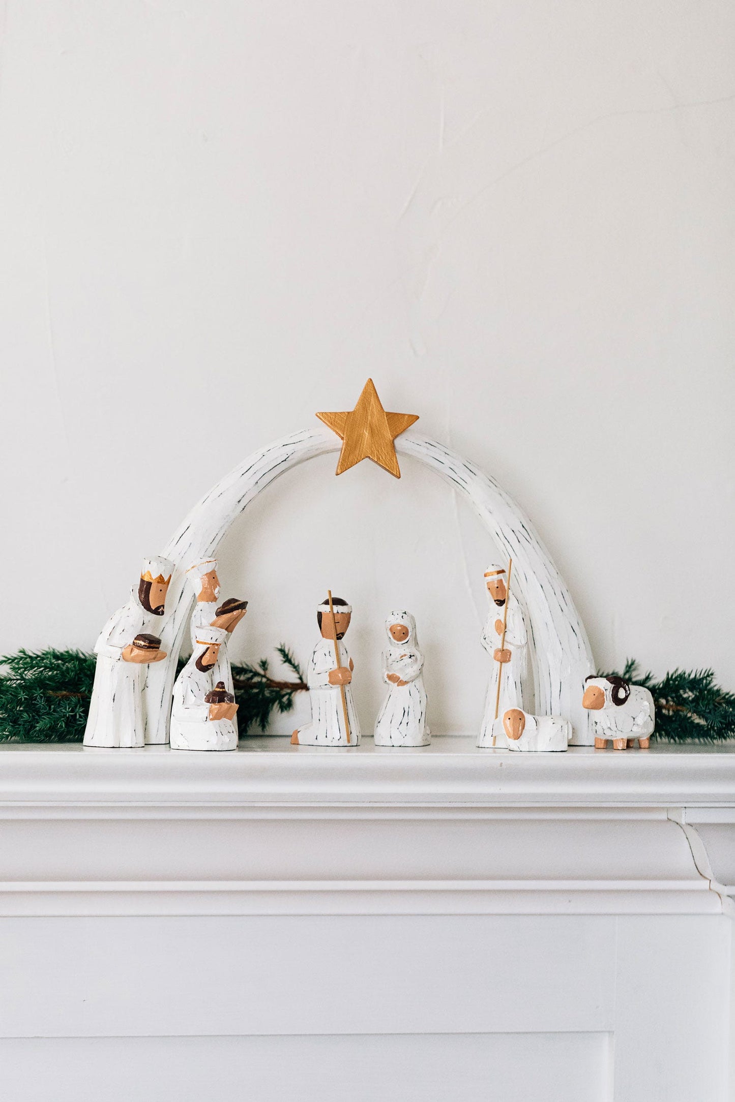 Nativity w/arch set/9 wood 10H/5H white/brown