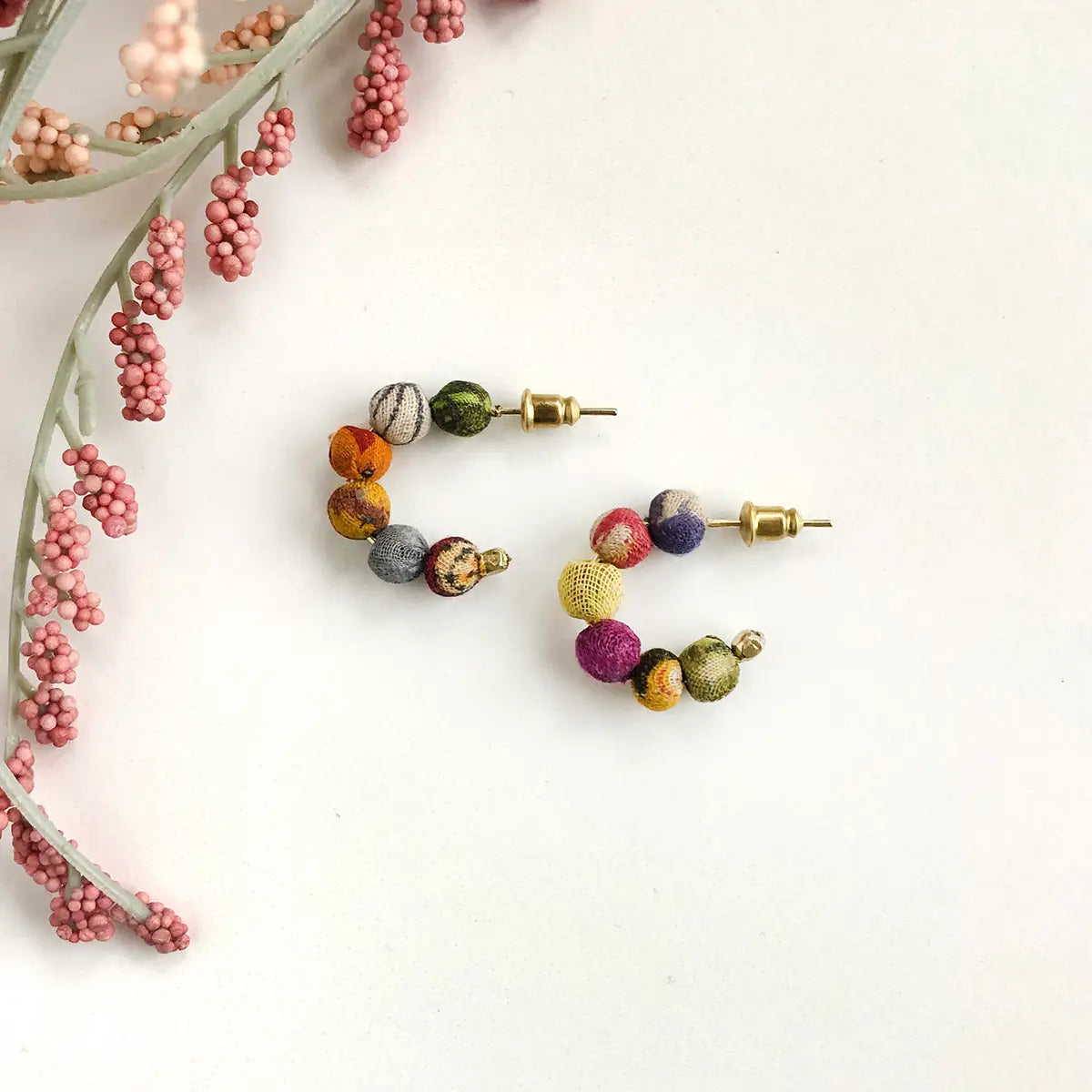Earrings, Kantha Tiny Hoops