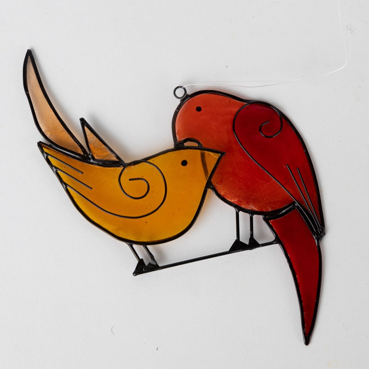 Suncatcher love birds capiz/mtl 4Wx5H orng/red