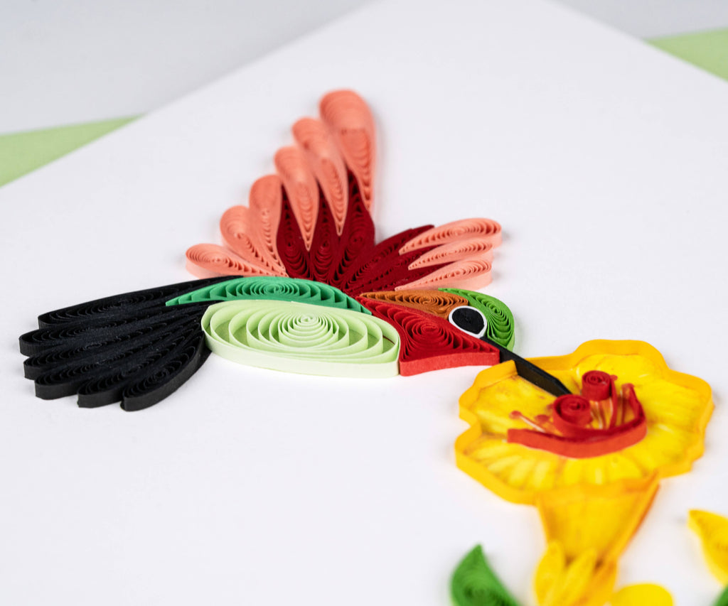 Quilled Greeting Card, "Hummingbird & Yellow Flowers"