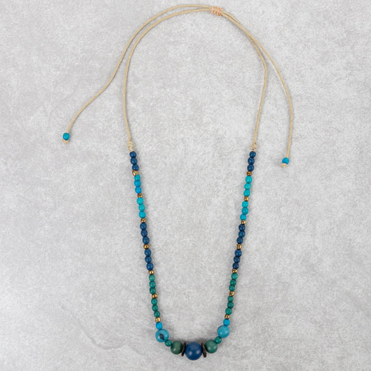 Necklace beaded cttn/acai/tagua 33L grn/blu