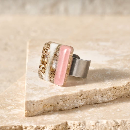 Ring square fused glass/steel adj silv/pnk/wht/gld