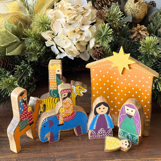 Hand Painted Mango Wood Nativity, 7 pieces