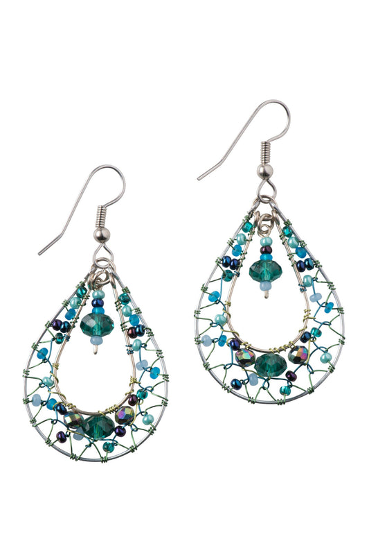 Silver Beaded Teal Earrings