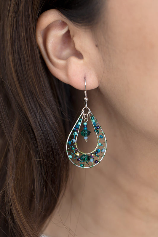 Silver Beaded Teal Earrings