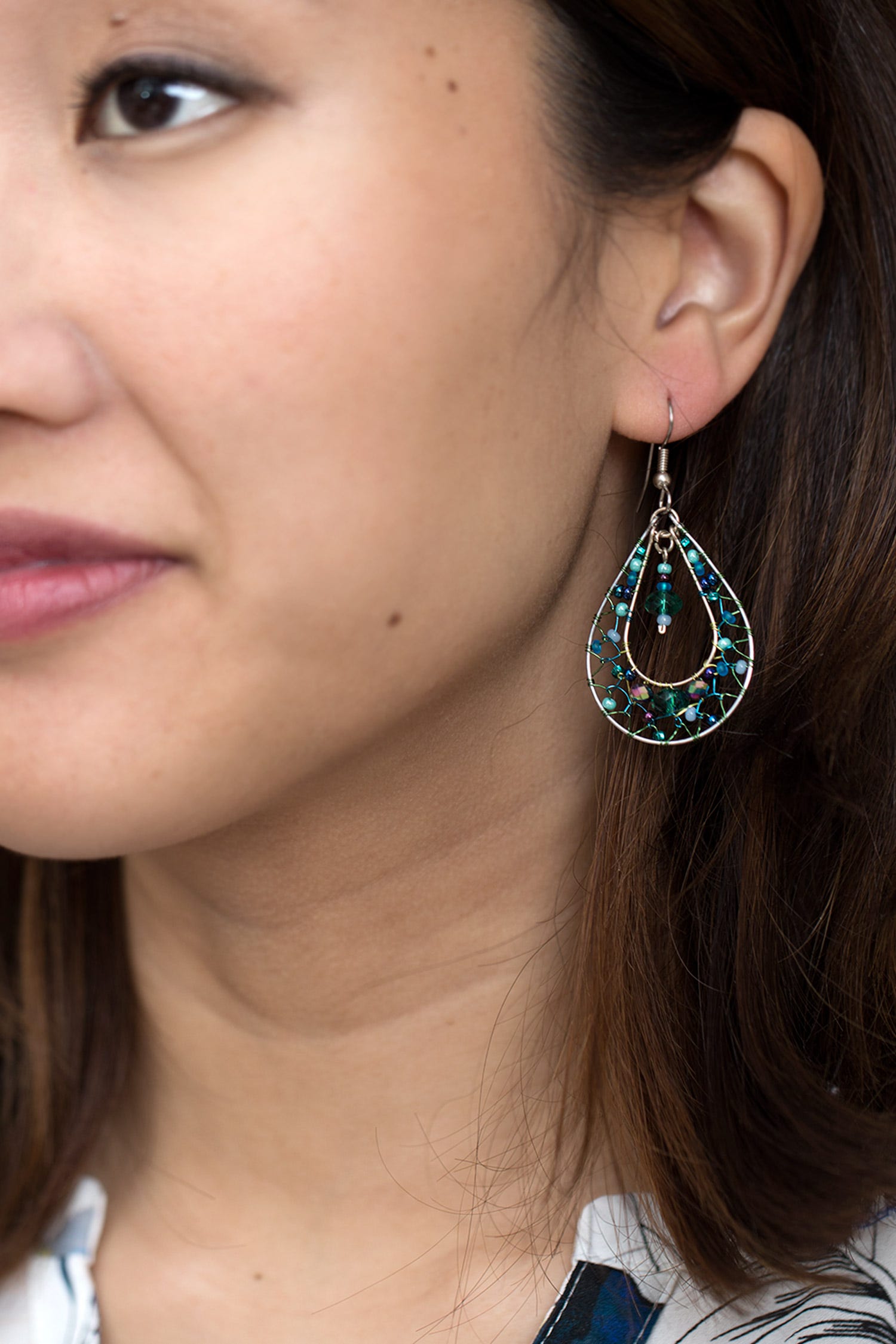 Silver Beaded Teal Earrings