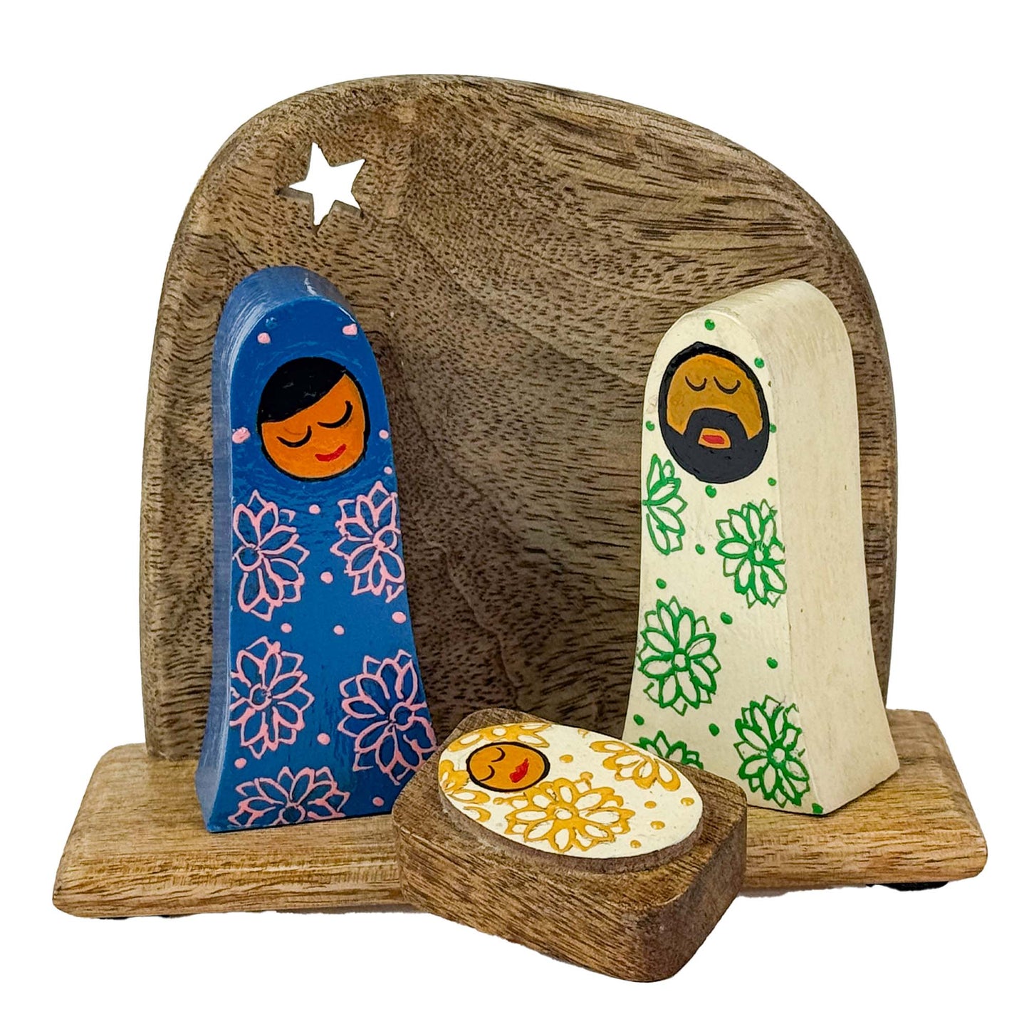 Handpainted Holy Family Mango Wood Nativity Set  (4 pieces)