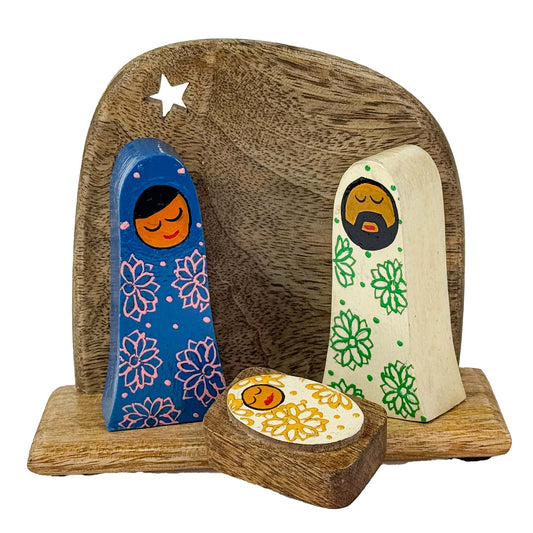 Handpainted Holy Family Mango Wood Nativity Set  (4 pieces)