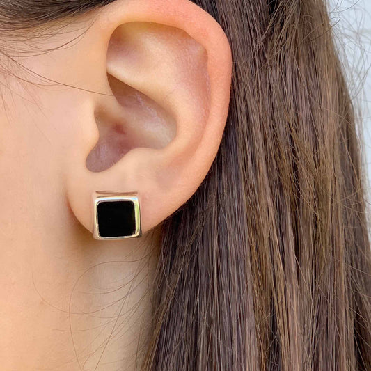 Sterling Silver Black Square Stud Earrings